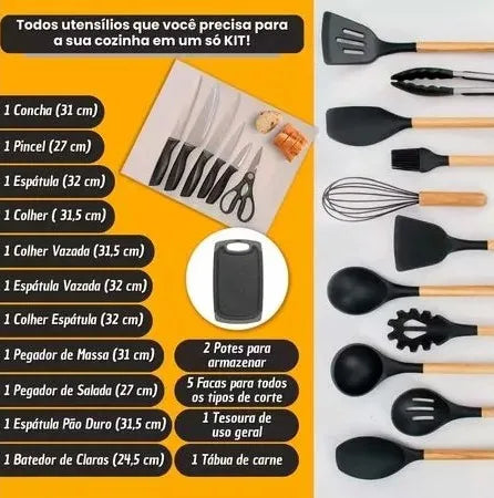 Kit Completo Jogo Utensílios de Cozinha Luxo 19 Peças Com Tábua em Silicone