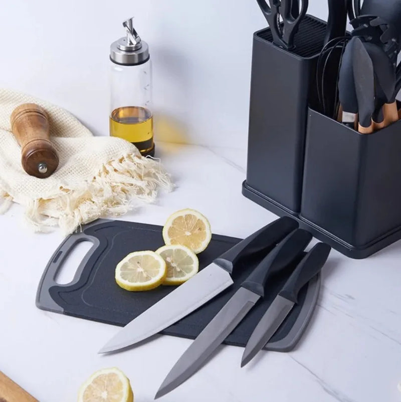 Kit Completo Jogo Utensílios de Cozinha Luxo 19 Peças Com Tábua em Silicone