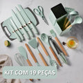 Kit Completo Jogo Utensílios de Cozinha Luxo 19 Peças Com Tábua em Silicone