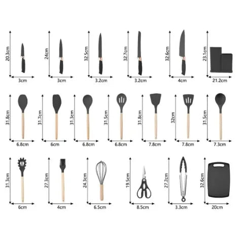 Kit Completo Jogo Utensílios de Cozinha Luxo 19 Peças Com Tábua em Silicone