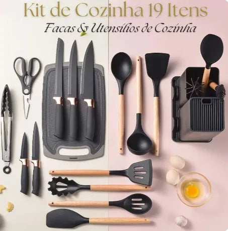 Kit Completo Jogo Utensílios de Cozinha Luxo 19 Peças Com Tábua em Silicone