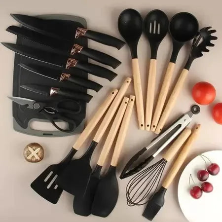 Kit Completo Jogo Utensílios de Cozinha Luxo 19 Peças Com Tábua em Silicone