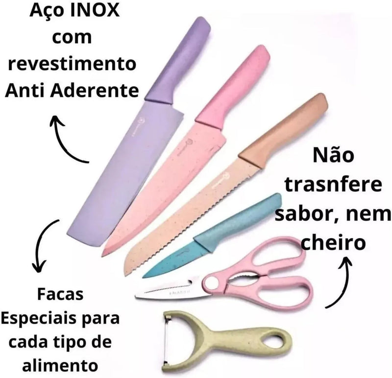 Conjunto Kit Facas Profissional Colorido em Aço Inoxidável com 6 Peças