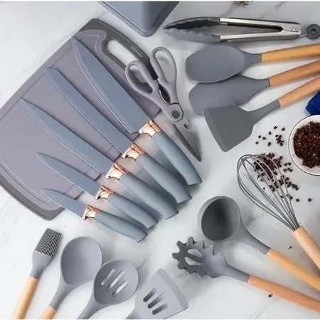 Kit Completo Jogo Utensílios de Cozinha Luxo 19 Peças Com Tábua em Silicone